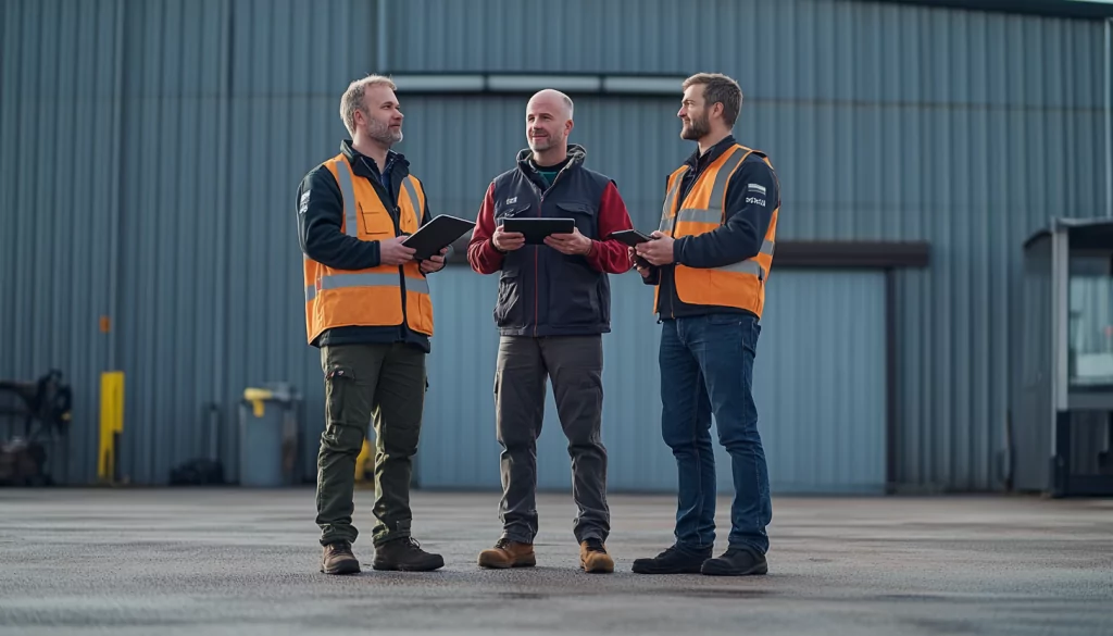 Three Smart Spray Solutions team members in high-visibility vests discussing a project outside an industrial building.